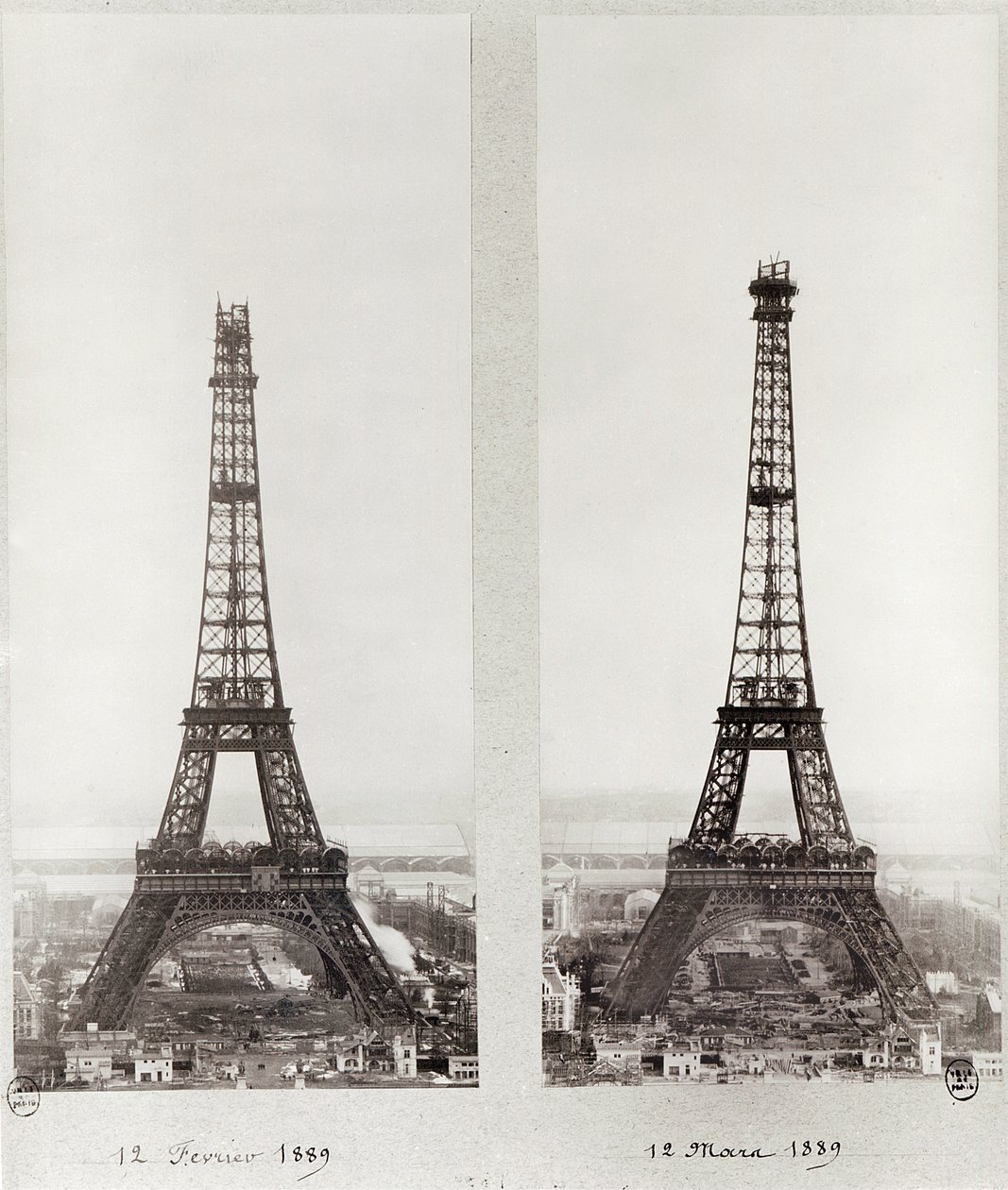 1889年2月12日と3月12日のパリ、エッフェル塔の建設の2つのビュー 作： フランスの写真家