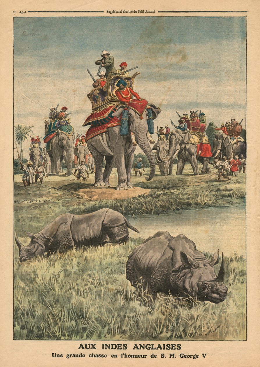 キングジョージ5世（1865-1936）を称えるサイの狩猟、「ルプチジャーナル」のイラスト、サプリメントイラスト、1911年12月31日 作： フランス語学校