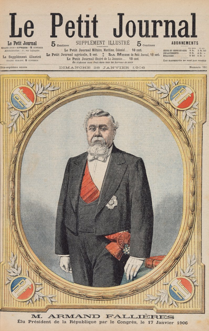 アルマンドファリエール（1841-1931）が1906年1月17日に議会により1906-13年に共和国大統領に選出され、1906年1月28日のルプティジャーナルからの挿絵 作： フランス語学校