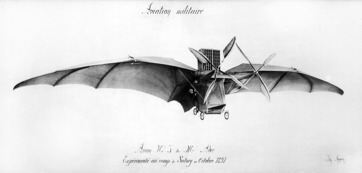 1897年10月、サトリート軍のキャンプでクレメントアデル（1841-1925）によって設計されたアビオンIII、「バット」 作： フランス語学校