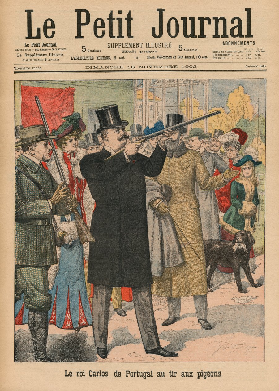ポルトガル国王とアルガルヴェスのカルロス1世、ハトに向けてライフルを狙う、「Le Petit Journal」の表紙イラスト、補足イラストレーター、1902年11月16日 作： フランス語学校