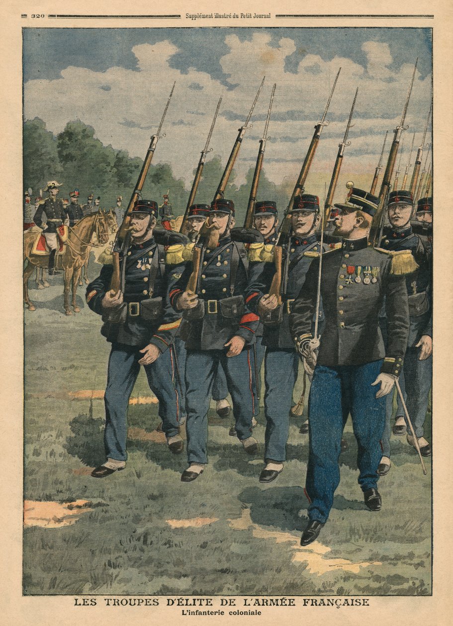 1907年10月6日、フランス軍のエリート部隊、植民地歩兵、「ルプチジャーナル」のイラスト、補足イラストレーター 作： フランス語学校