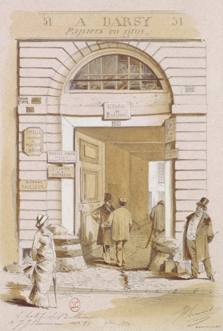 ホテルブリオンの入口、57 rue Jean-Jeacques Rousseau、パリ、1880（紙にトイレ） 作： フランス語学校