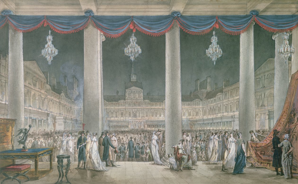 1801年のルーブル美術館の中庭での工業製品の展示（ガッシュとトイレットペーパー） 作： フランス語学校