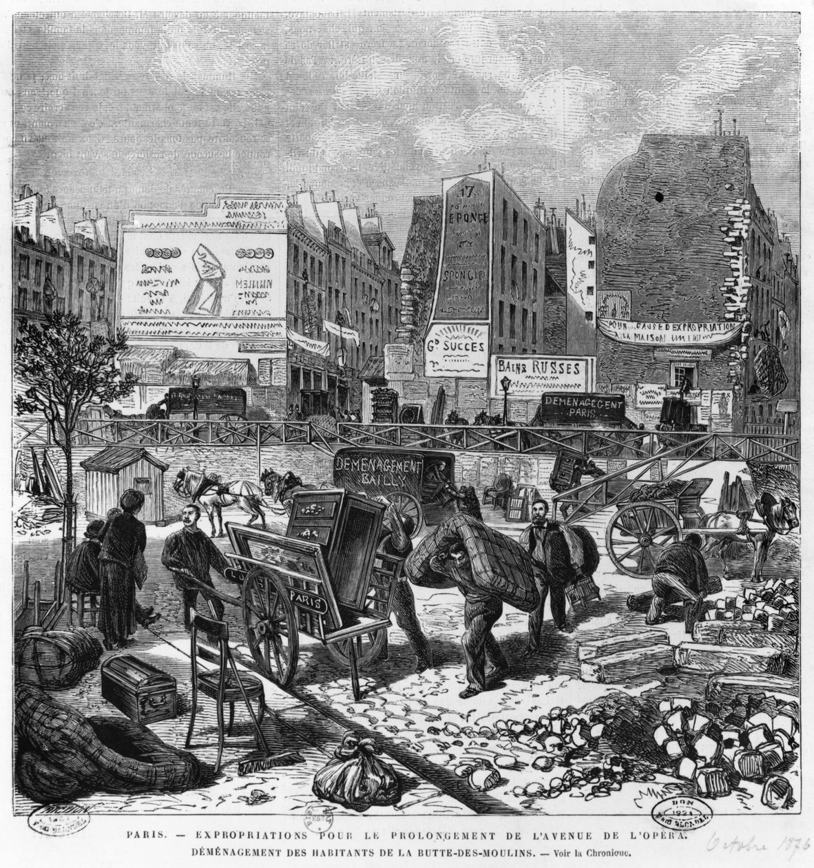 1876年10月、ビュートデムーランから引っ越した住民であるオペラ通りの延長期間中の収用 作： フランス語学校