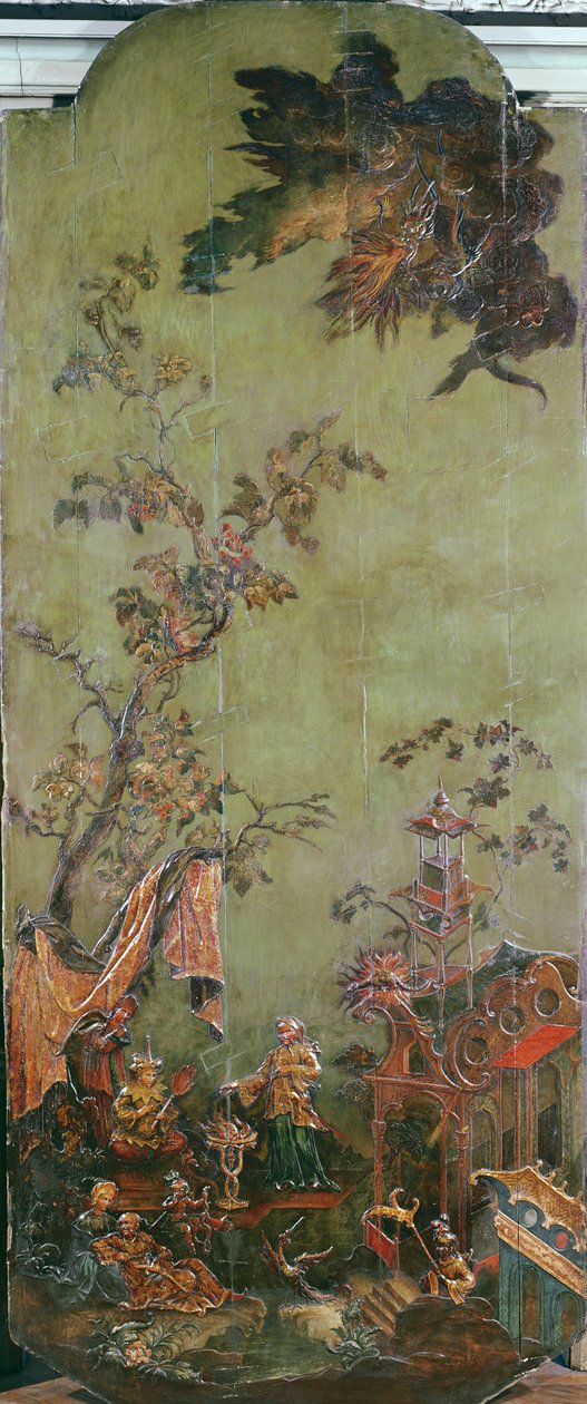 火、4つの要素を描いた一連のパネルから、c.1730（ポリクロームウッド） 作： フランス語学校