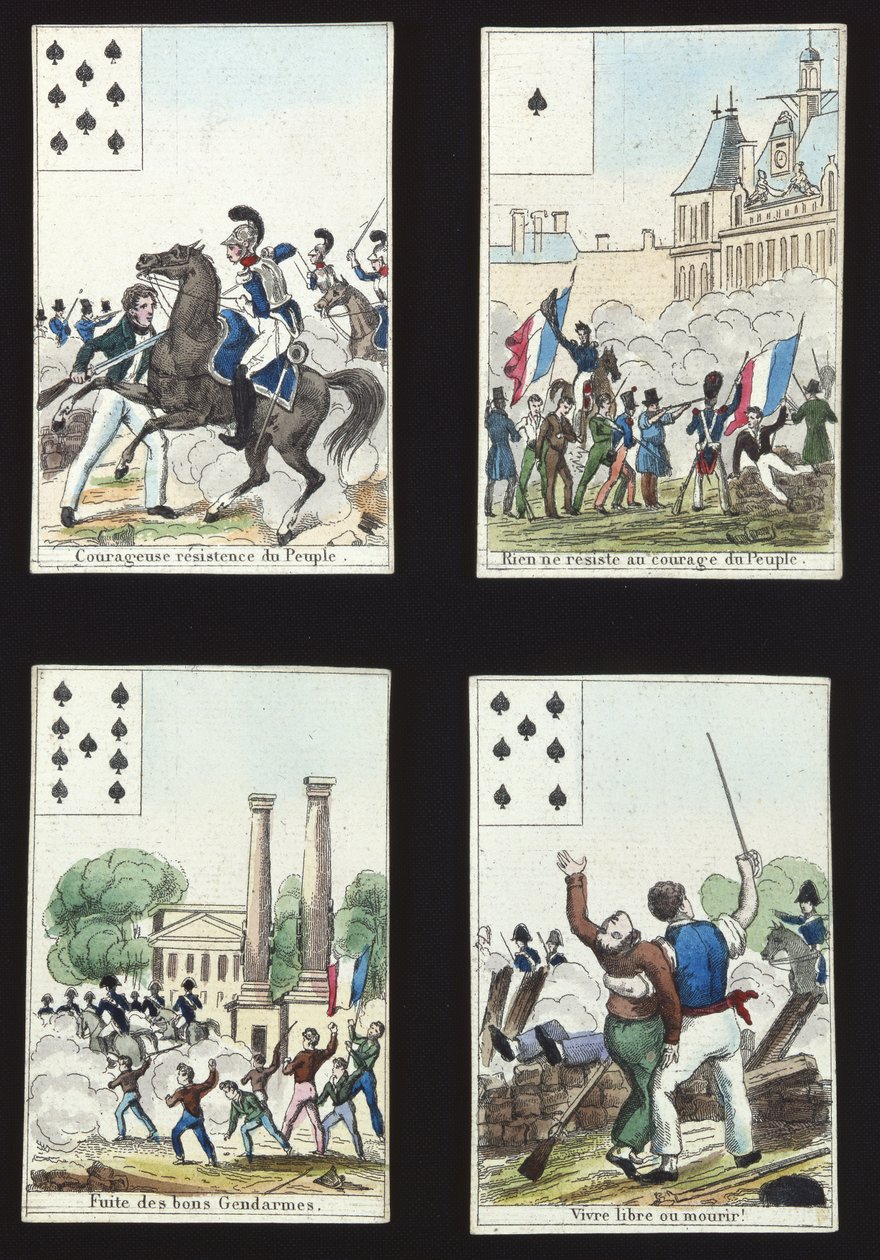1830年の革命、1831年、パリの宣伝シーンが描かれたパックの4枚のカード 作： フランス語学校