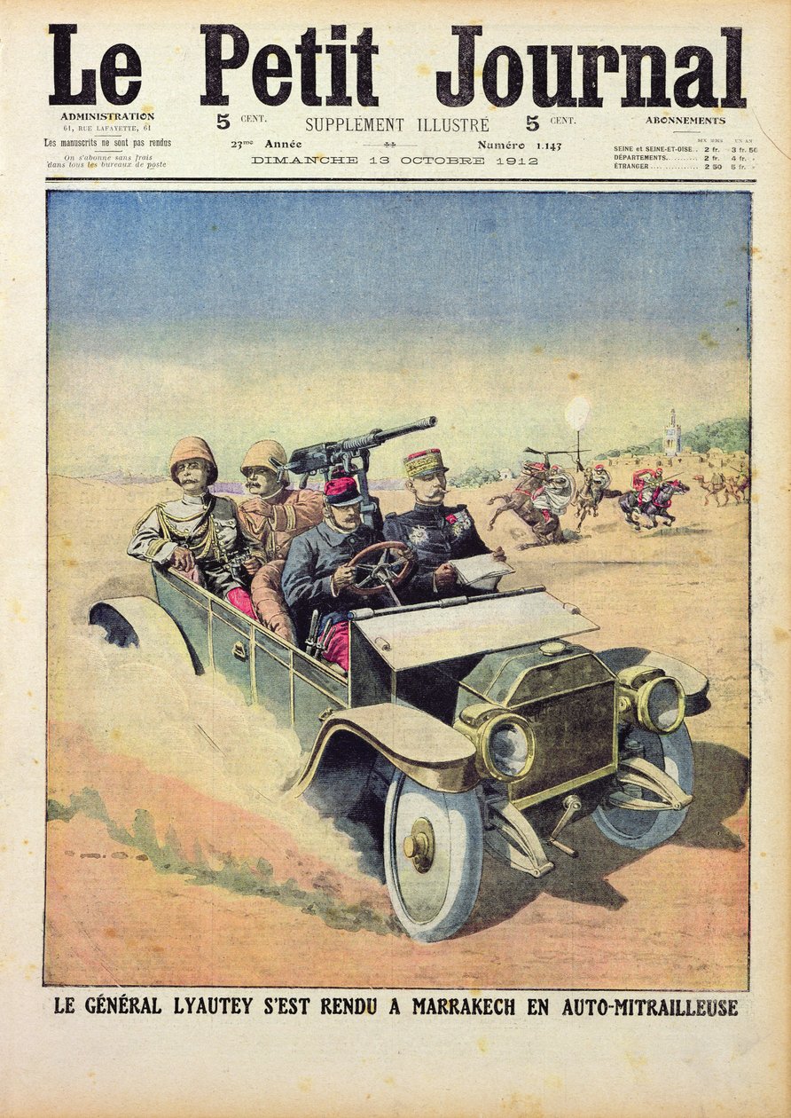 1912年10月13日、「ルプティジャーナル」から装甲車でマラケシュに向かうリウテイ将軍（1854-1934年） 作： フランス語学校