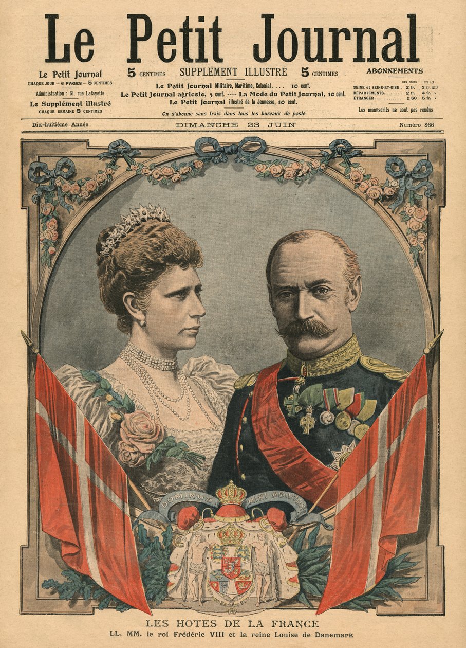 フランスのゲスト、デンマークのフレデリック8世（1843-1912）とルイーズ女王（1851-1926）、「ルプチジャーナル」のイラスト、挿絵、1907年6月23日 作： フランス語学校