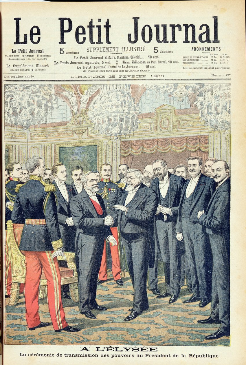 エリゼ宮殿、フランス共和国大統領の権力の授与式、1906年2月25日の「Le Petit Journal」からのイラスト 作： フランス語学校