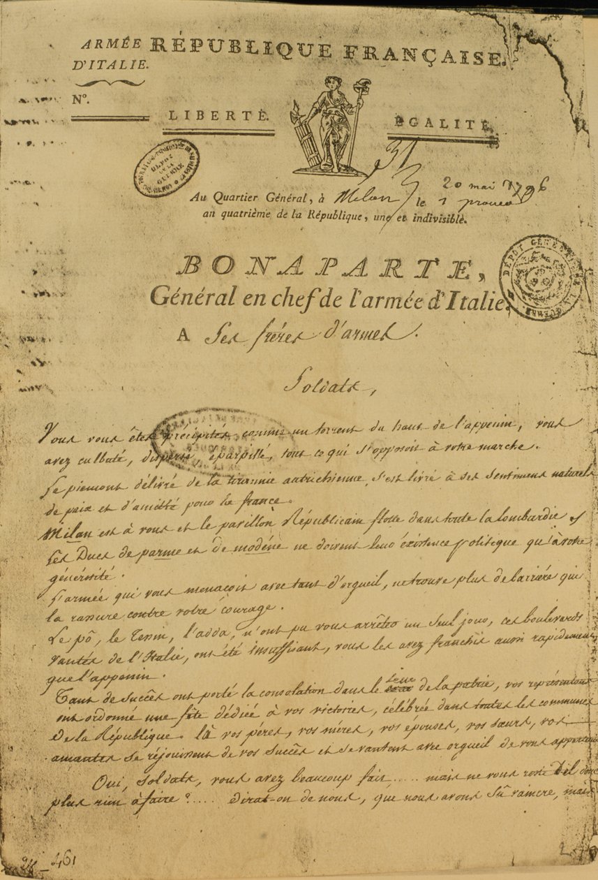 1796年5月20日、ナポレオンがイタリア軍の将軍として発行した兵士への指示 作： フランス語学校