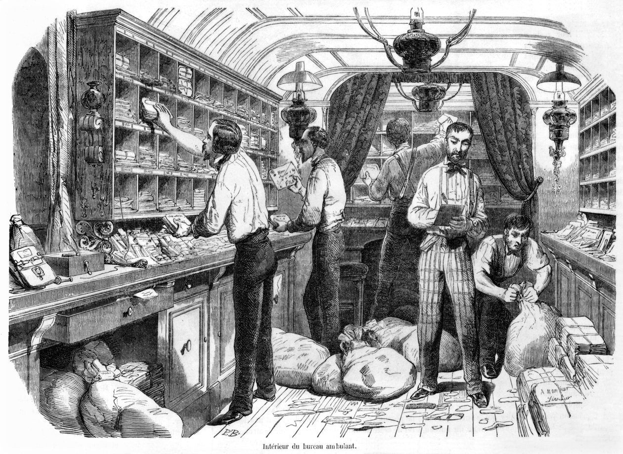 フランスの鉄道の貨車の内部、エドモンドテキシエによる「タブロードゥパリ」のイラスト、1853年発行 作： フランス語学校