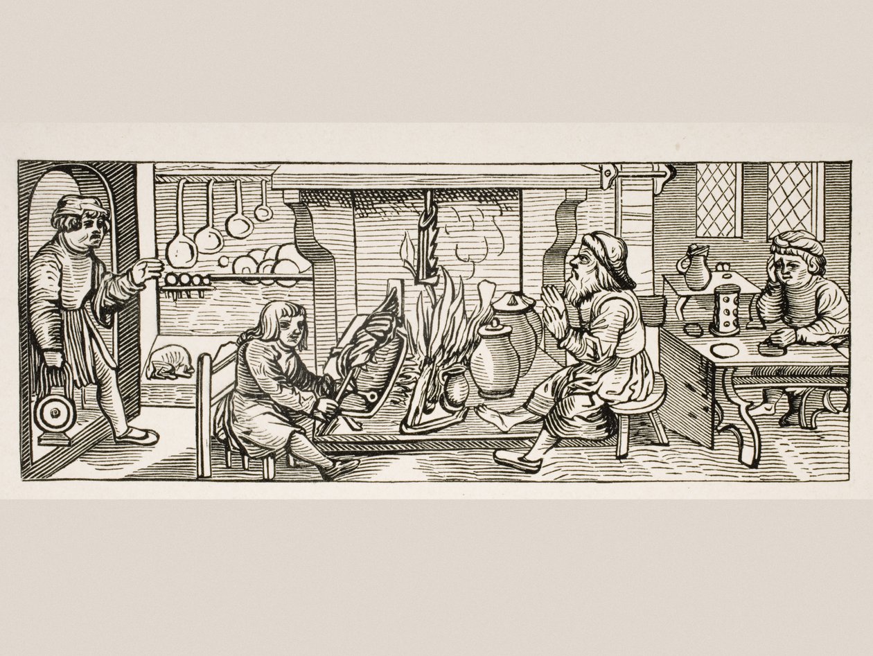 キッチンのインテリア、ジャンシュテフラーによるカレンダーロマナムの木版画の後、1518年にドイツのテュービンゲンを印刷しました。 作： フランス語学校
