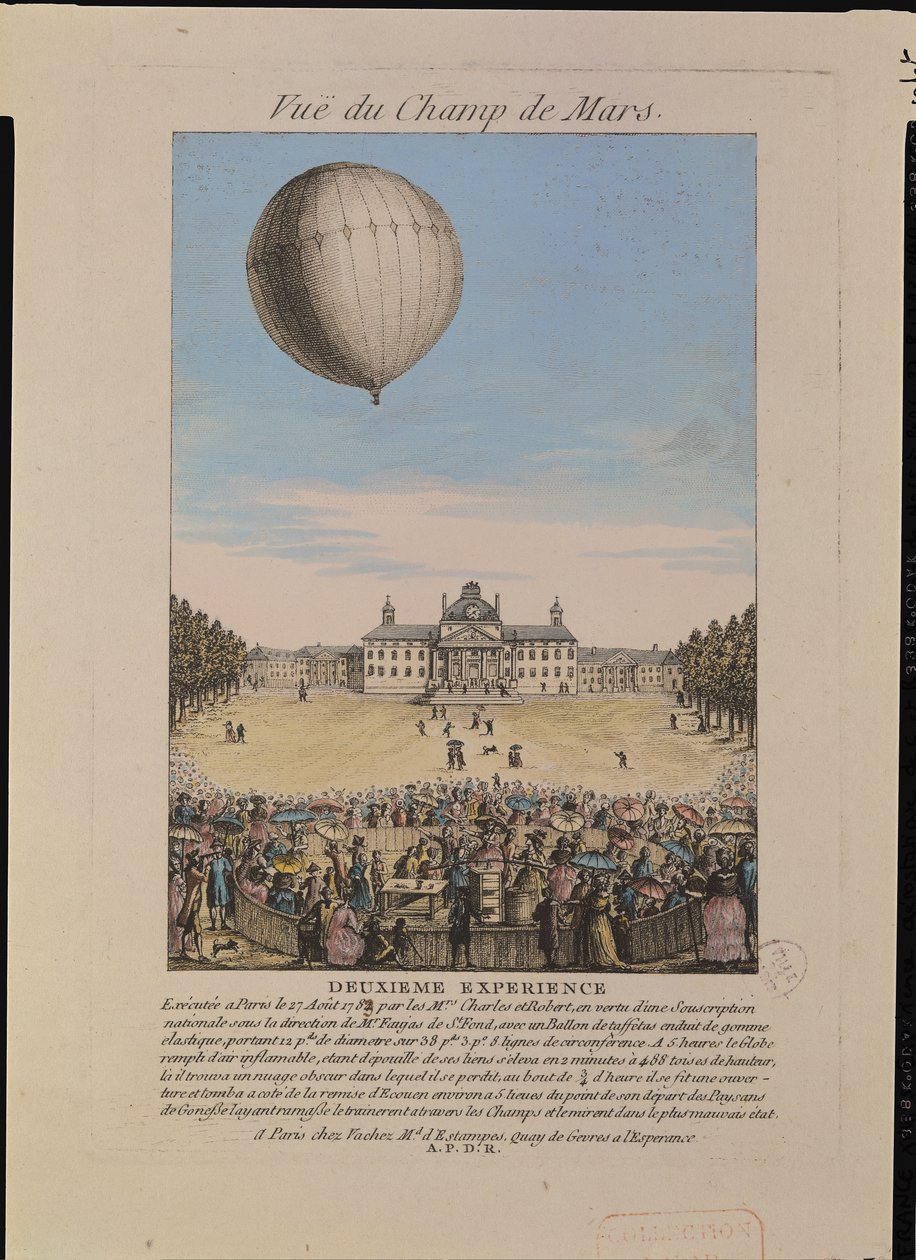 1783年8月27日、パリのシャンドマルスに立つジャックアレクサンドルセザールチャールズ（1746-1823）とニコラルイロバート（1761-1828） 作： フランス語学校