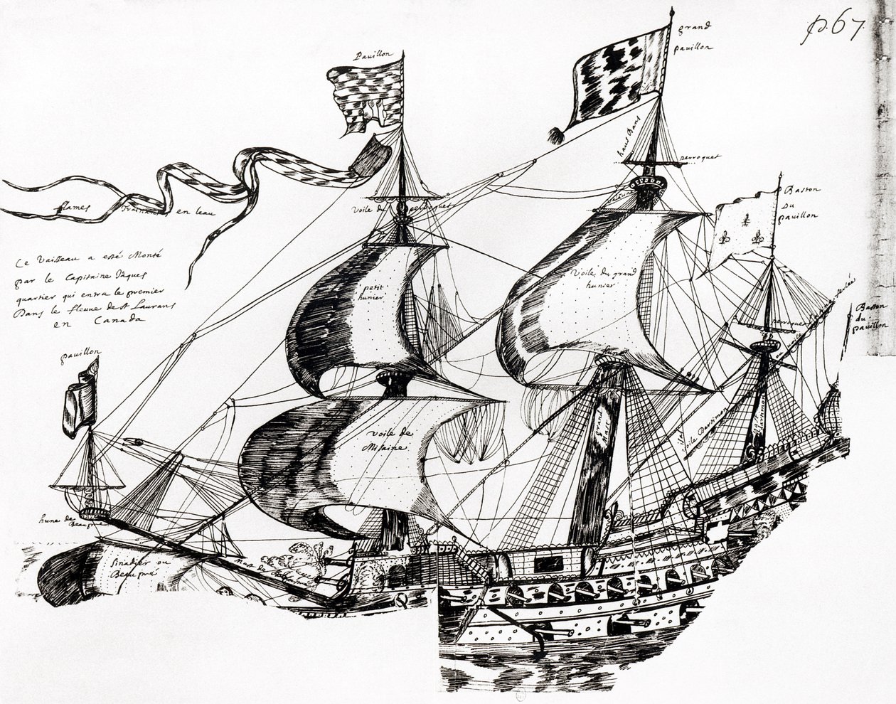 ジャックカルティエの船、「Rarete des Indes sauvage」、Codex Canadiensis（紙にペンとインク） 作： フランス語学校