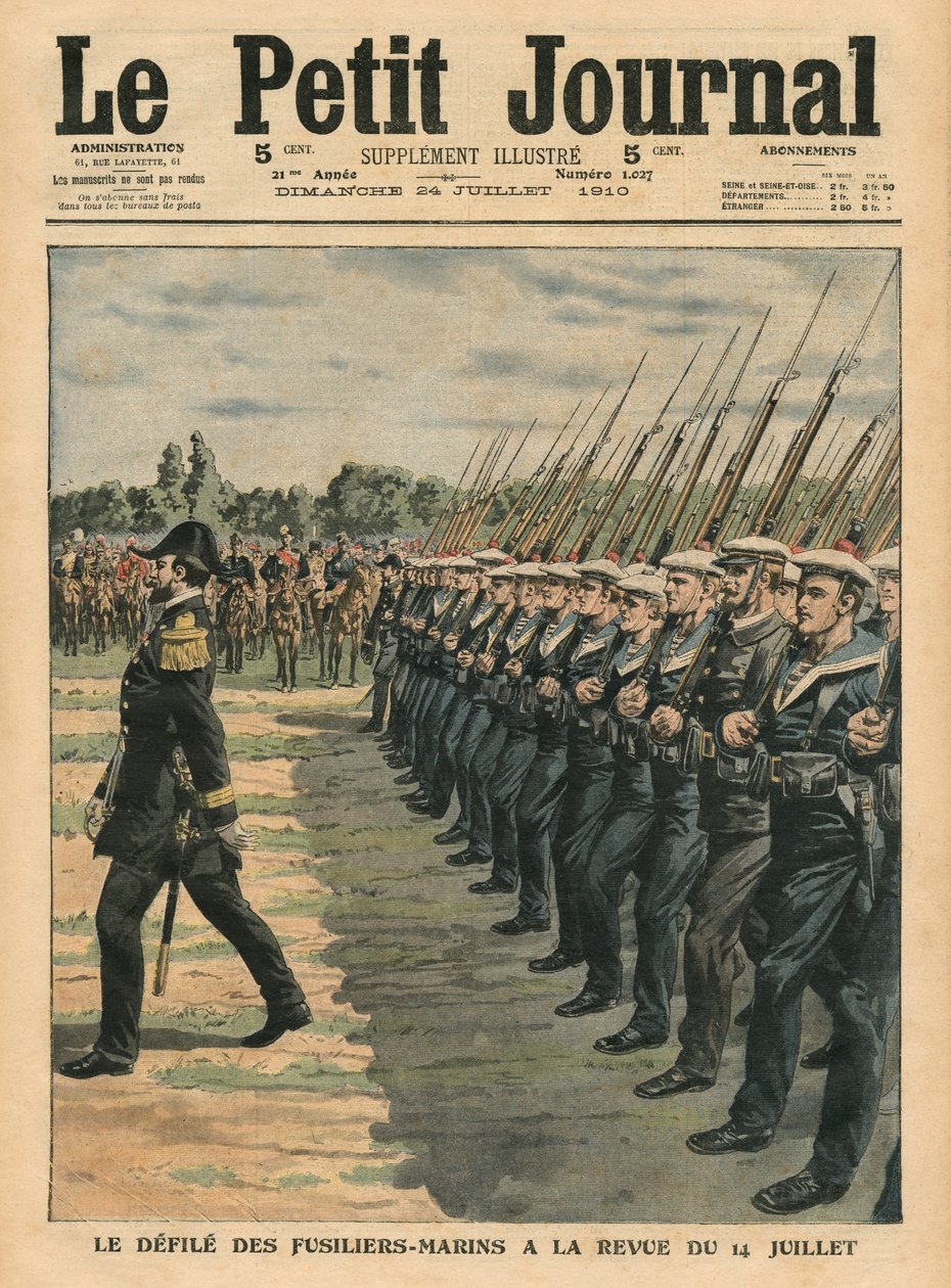 7月14日のレビューでの海兵隊員のパレード、「Le Petit Journal」からのイラスト、補足イラストレーター、1910年7月24日 作： フランス語学校