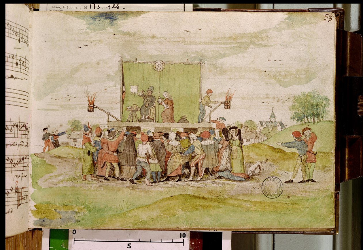 Ms 126 f.53r Quack医師、診断のために尿を採取、「Collection de Chants Religieux et Profanes」、1542年 作： フランス語学校