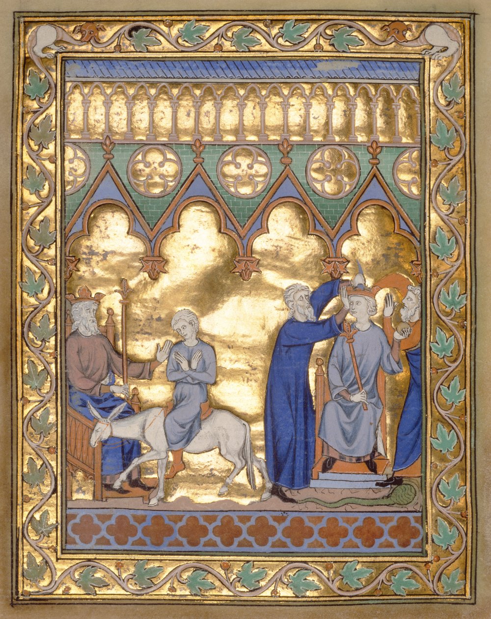 Ms 300 f.5vソロモンの戴冠式、パリの詩篇とイザベラの時間、パリ、c.1260（羊皮紙のテンペラの金箔） 作： フランス語学校