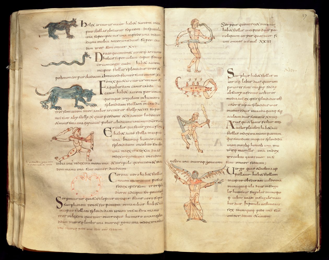 Ms 422 Fol.26v und 27rセビリアのイシドルによる「De Natura Rerum」からの星座を横切る月の道 作： フランス語学校
