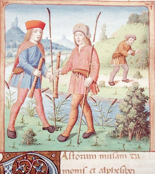 Ms 493 fol.14川沿いの羊飼い、VirgilのThe Eclogues、Serviusの解説付き、1469 作： フランス語学校