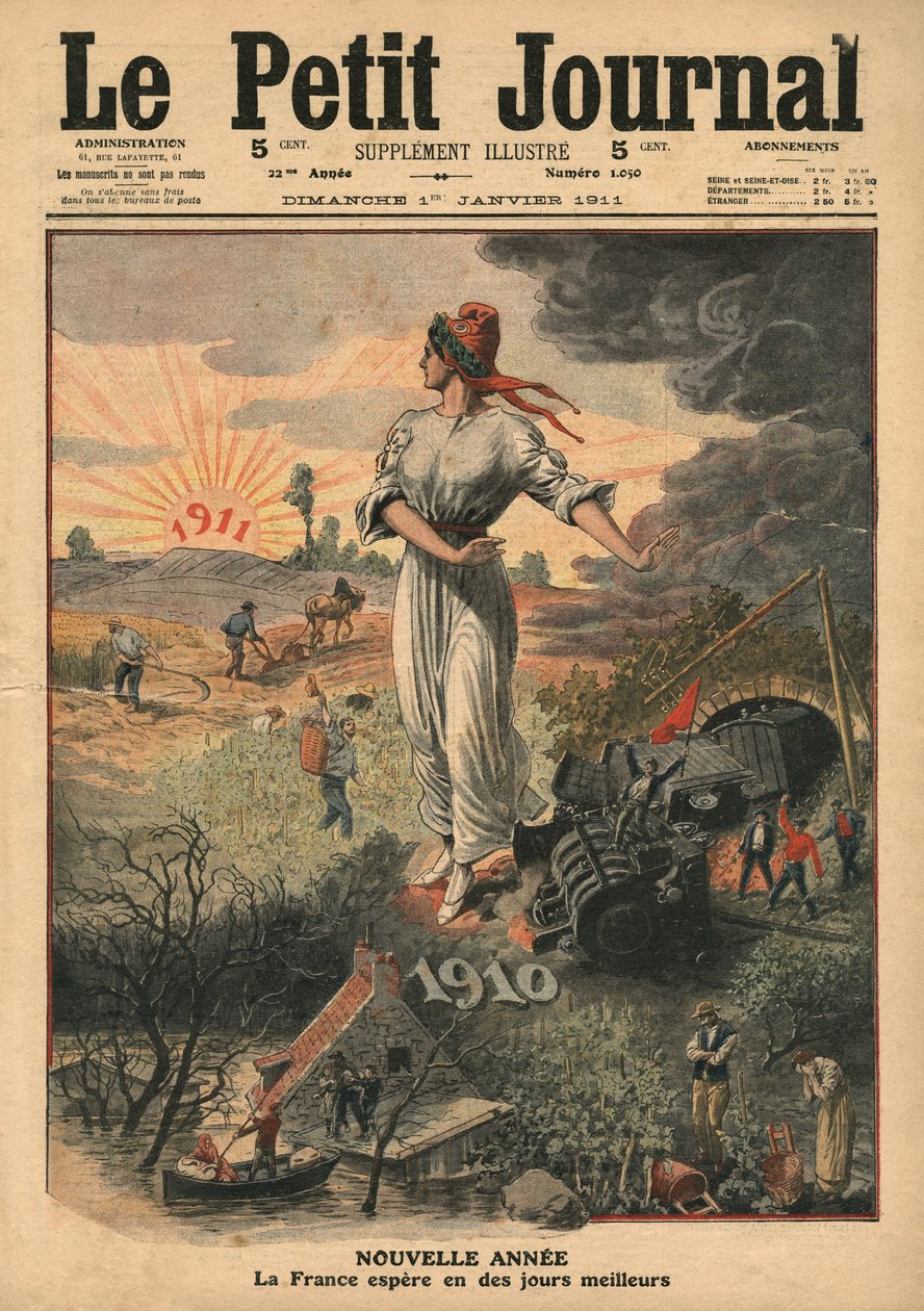 正月、フランスはより良い日を願って、「ルプチジャーナル」からのイラスト、1911年1月1日 作： フランス語学校