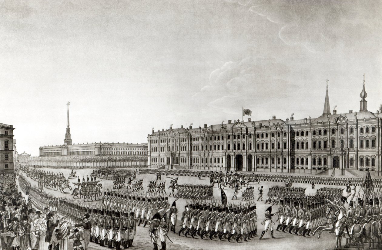 1812年、サンクトペテルブルグの皇居前のパレード 作： フランス語学校