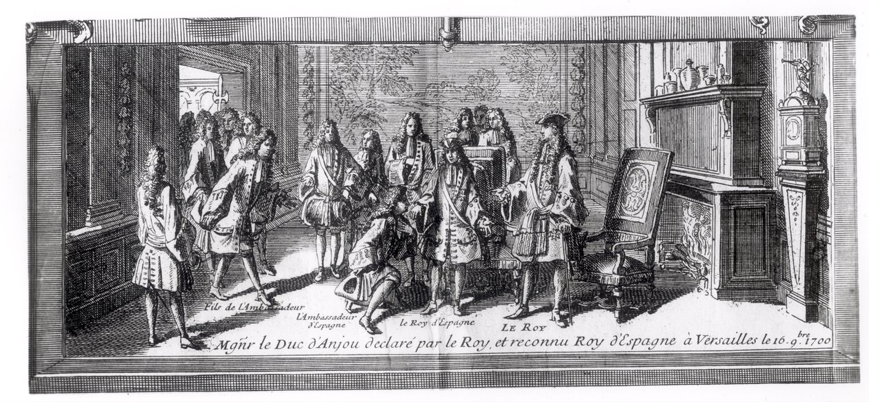 フィリップドフランス（1683-1746）アンジュー公爵、ルイ14世（1638-1715）によってスペイン国王として認められた、1700年9月16日、ベルサイユでフランス国王 作： フランス語学校