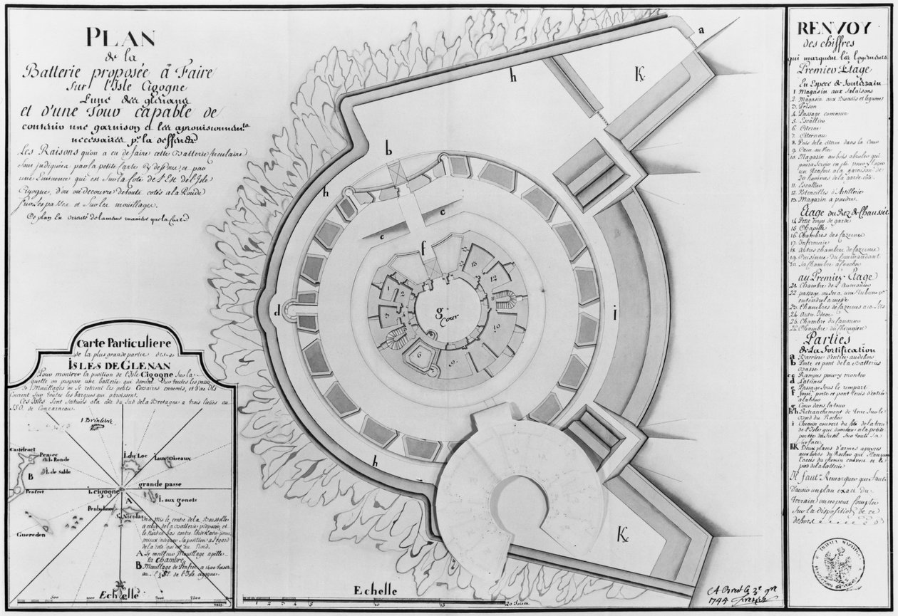 シゴーニュ島のバッテリーの計画と1745年のグレナン諸島の地図（紙と鉛筆） 作： フランス語学校