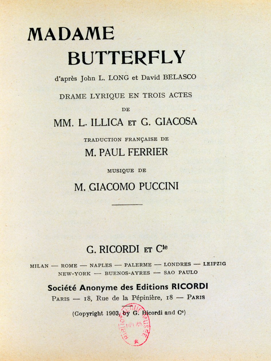Giacomo Puccini（1858-1924）1903による「マダムバタフライ」のビラ 作： フランス語学校
