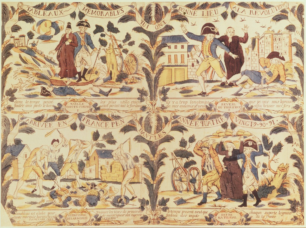 ストリップアニメで人気のある画像がハイライトされ、フランス革命の主な原因、1792年 作： フランス語学校