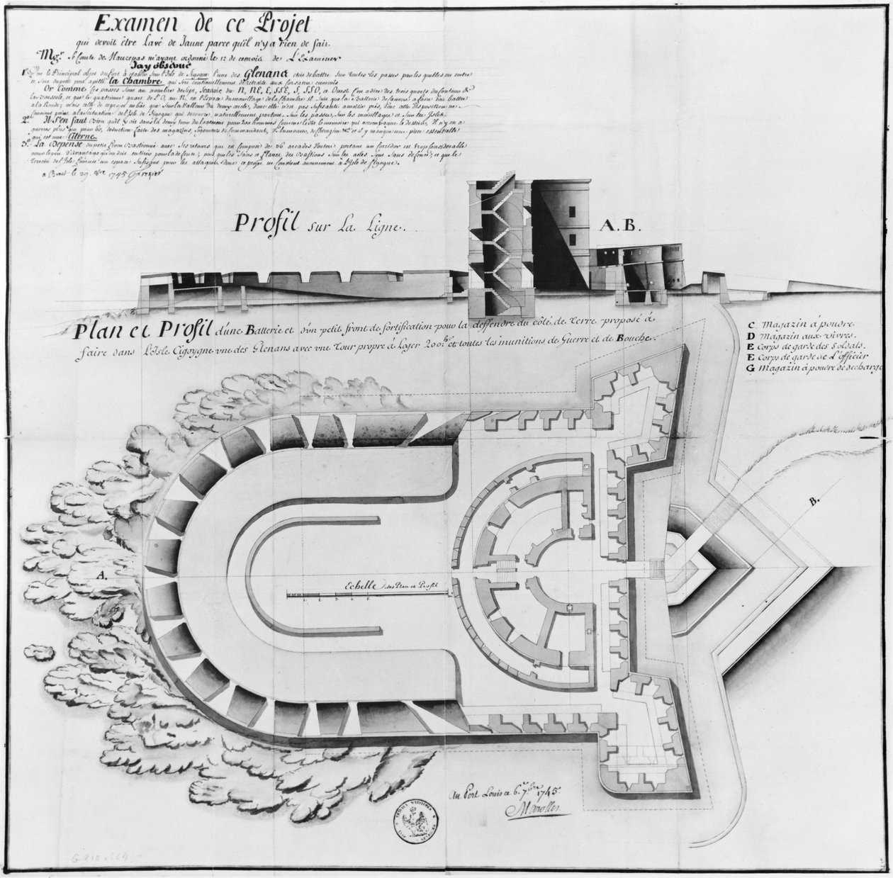 1745年、アルチペルデグレナン、シゴーニュ島の砦のプロジェクト（紙と鉛筆） 作： フランス語学校