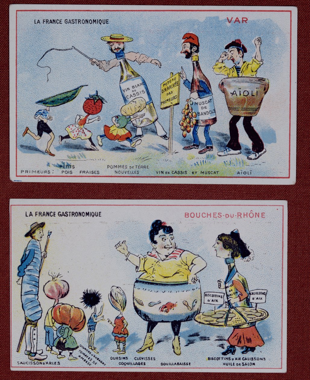 1910年頃、ヴァール地方とブーシュデュローヌ地方の料理を描いた子供向けのプロモーションカードと教育カード 作： フランス語学校