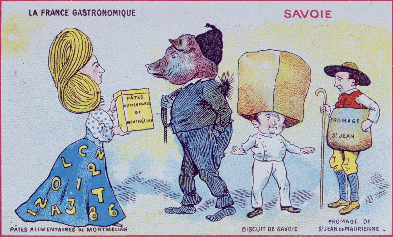 1910年頃、サヴォワ地方の名物料理を描いた子供向けの宣伝カード 作： フランス語学校