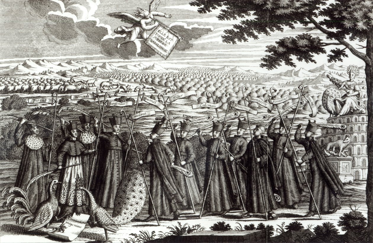 雄牛「Unigenitus Dei Filius」とヤンセニストとイエズス会士たちの戦いを描いた風刺画、1714年 作： フランス語学校