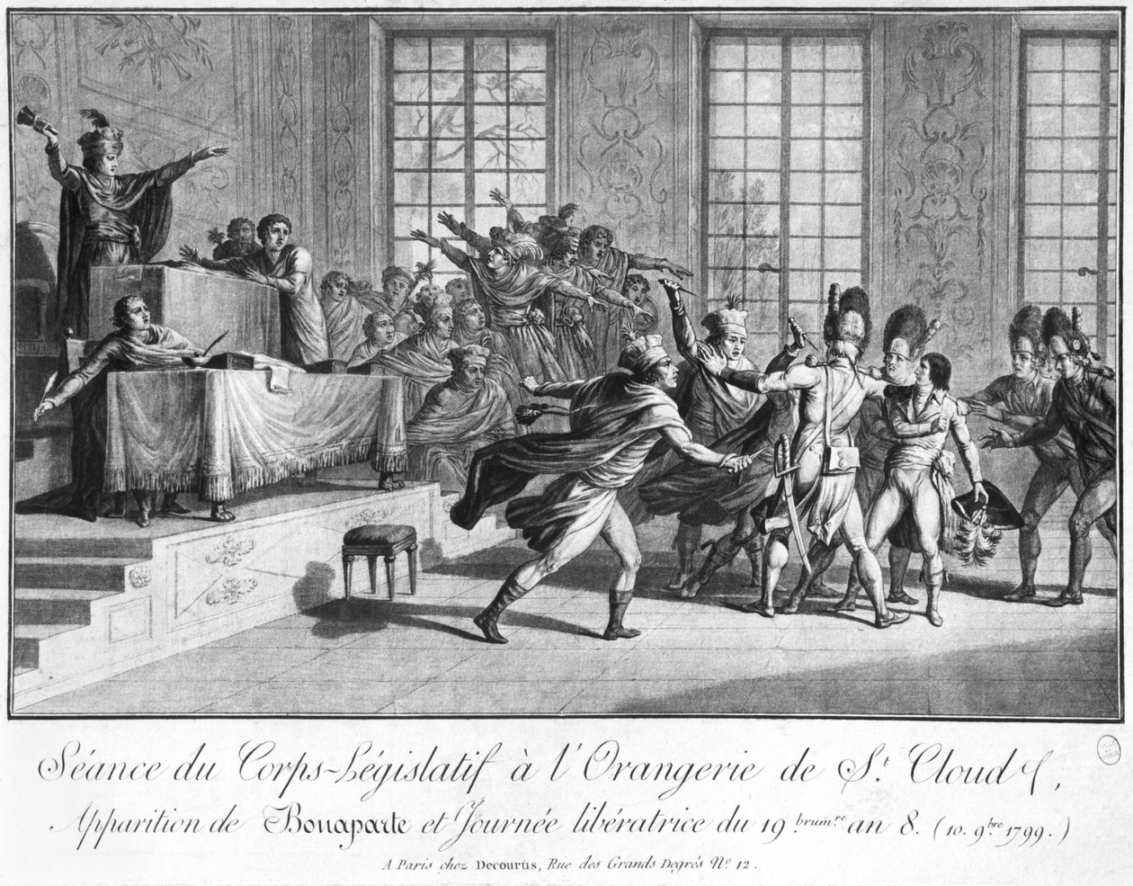St.Cloud&39;s Orangeryでの立法機関の会議、Bonaparte（1769-1821）の到着2人のグレナディエ兵、19ブルマール8（1799年11月10日）、1800年頃 作： フランス語学校