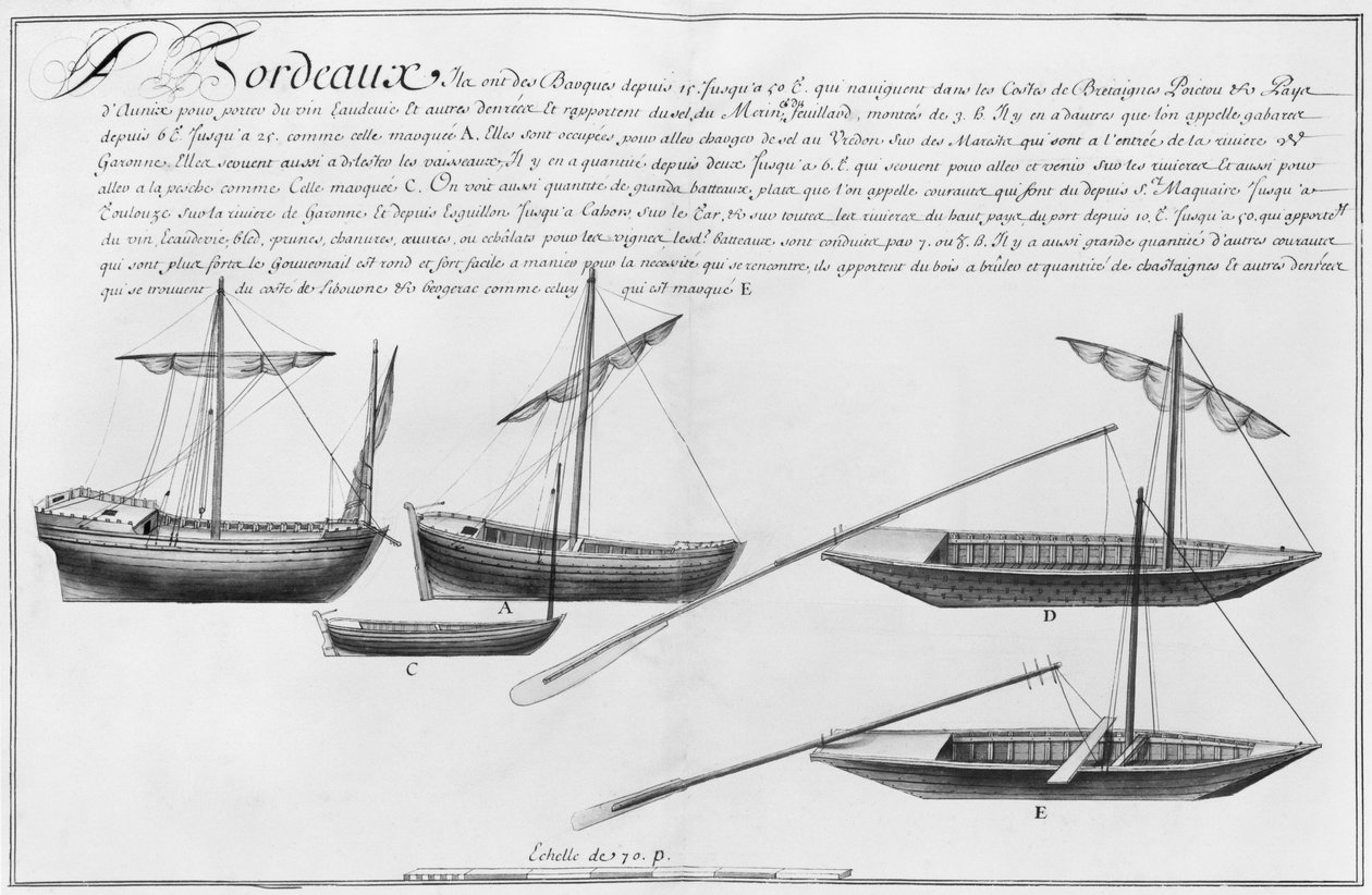 小型ボート、ボルドー、「ナントからバイヨンヌまでの船のさまざまな方法のデザイン」のイラスト、1679年（紙と鉛筆） 作： フランス語学校