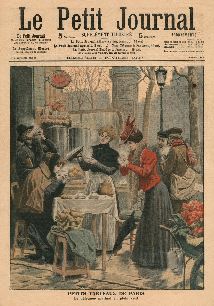 パリのストリートシーン、野外での朝食、「ルプチジャーナル」のイラスト、補足イラストレーター、1907年2月3日 作： フランス語学校