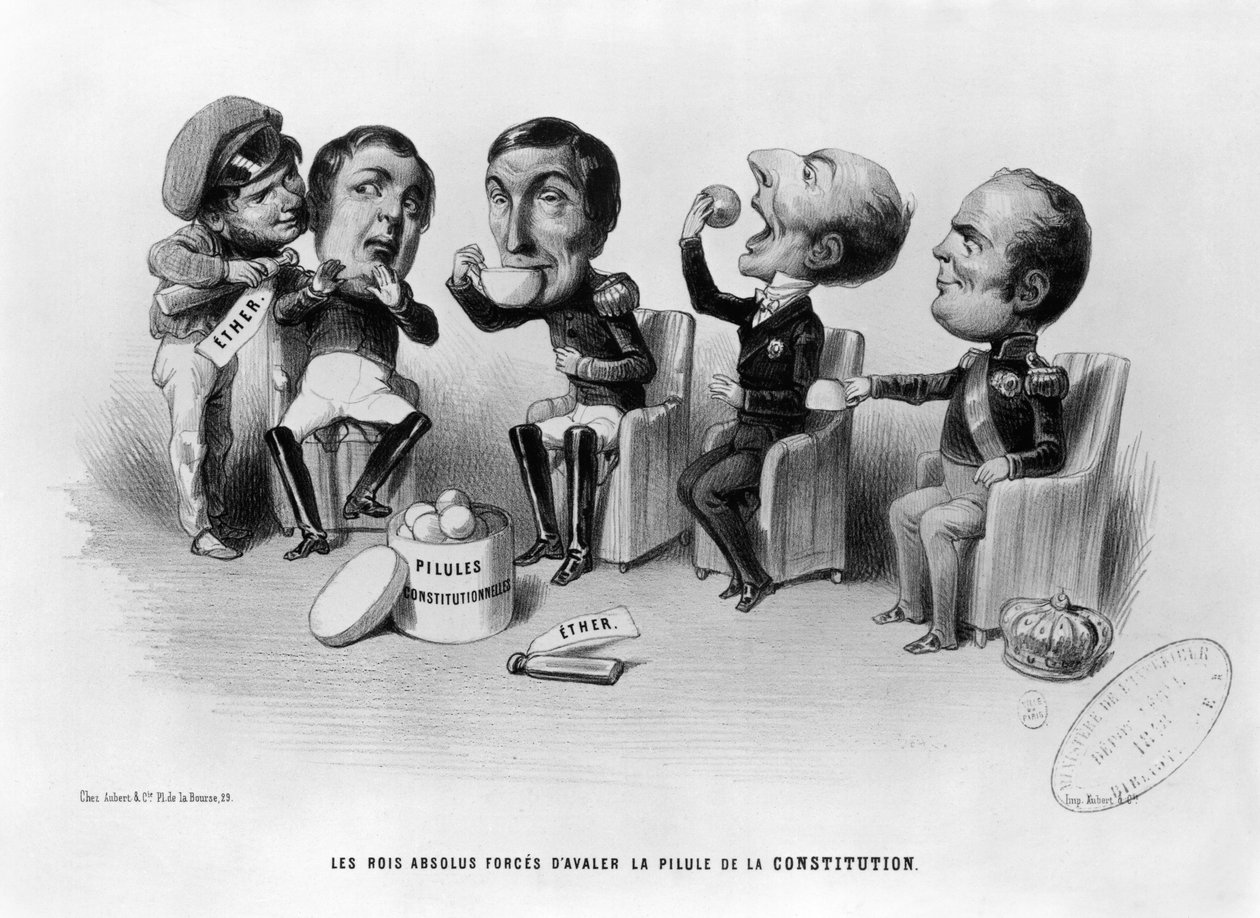憲法の錠剤を飲み込むことを強いられた絶対王、1848 作： フランス語学校