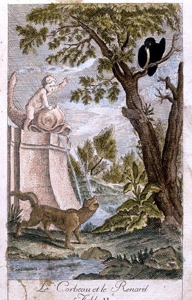 カラスとキツネ、寓話の後のイラスト、ジャン・デ・ラ・フォンテーヌ（1621-95）1776 作： フランス語学校
