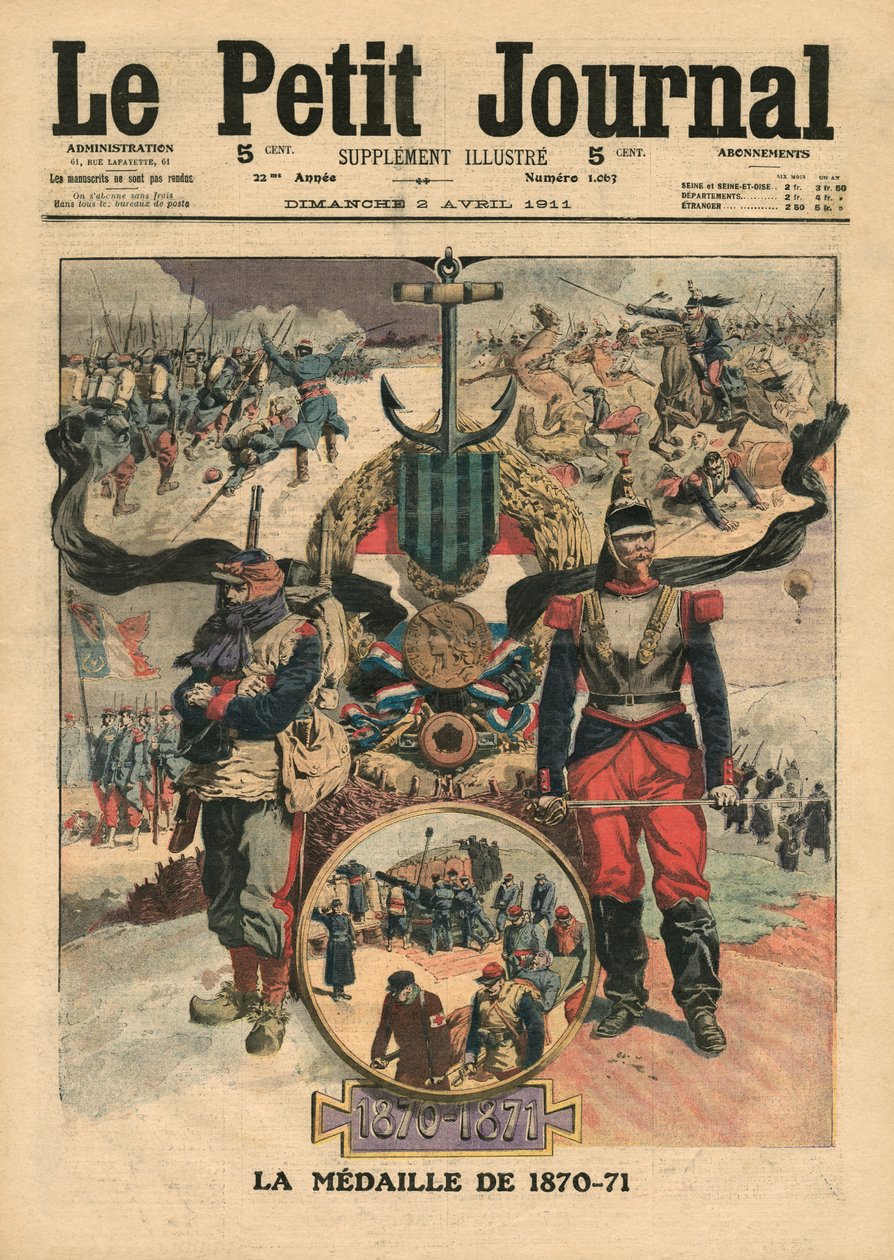 戦闘員のメダル1870-71のプレゼンテーション、「ルプチジャーナル」のイラスト、サプリメントイラストレーター、1911年4月2日 作： フランス語学校