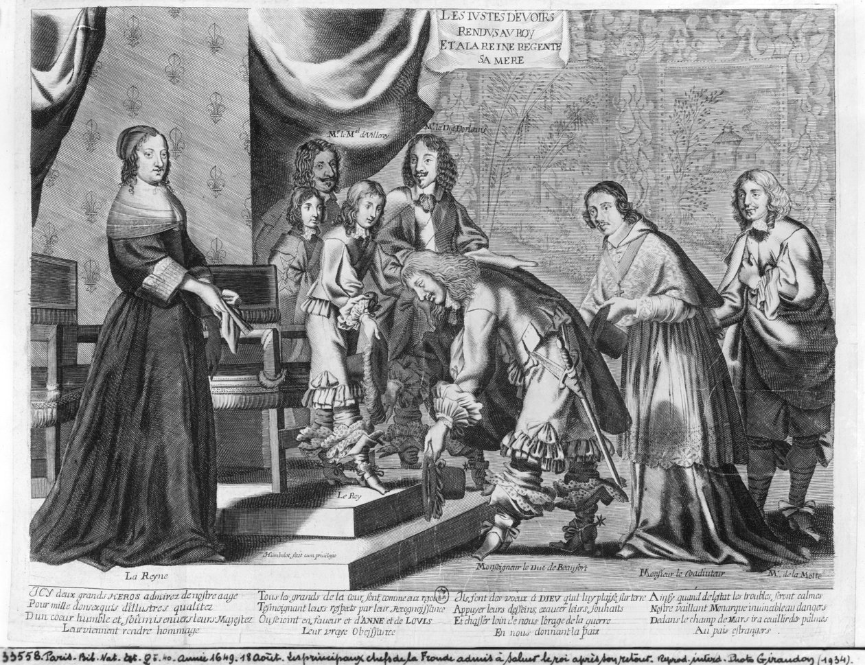 1649年8月18日、ルルド14世（1638〜1715）が帰国後、フロンデの首長が挨拶することを認めた 作： フランス語学校