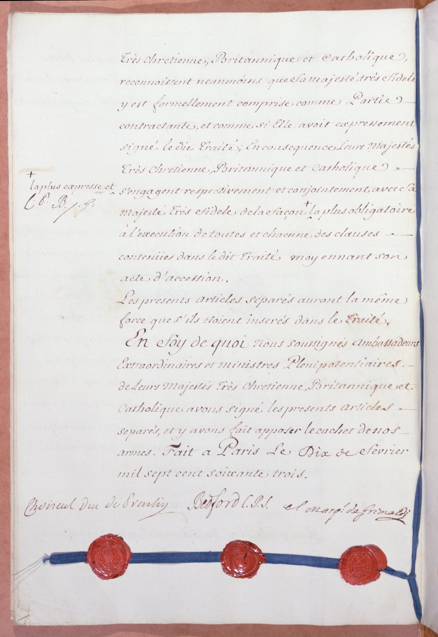 1763年2月10日にフランス、イギリス、スペインが署名した、7年間の戦争を終わらせるパリ条約 作： フランス語学校