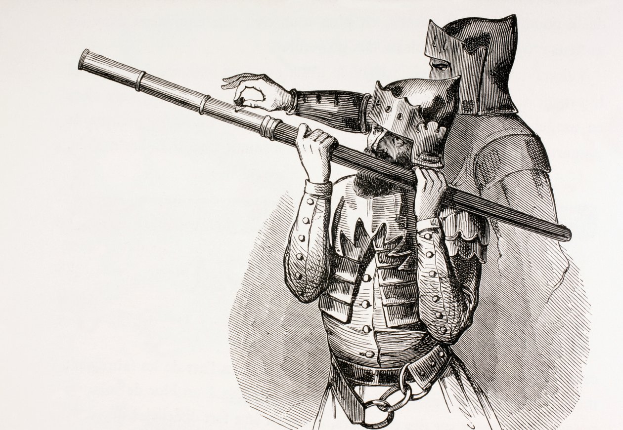 1873年に出版された「Les Arts au Moyen Age」からの拳銃または発砲バトンを持った2人の15世紀の兵士 作： フランス語学校