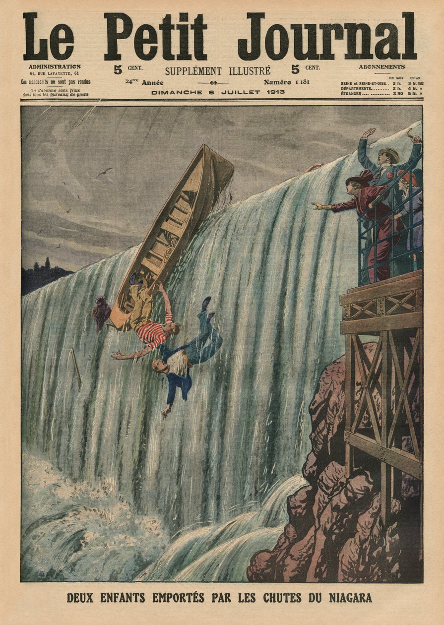 ナイアガラの滝に運ばれる2人の子供、「ルプチジャーナル」の表紙イラスト、補足イラストレーター、1913年7月6日 作： フランス語学校