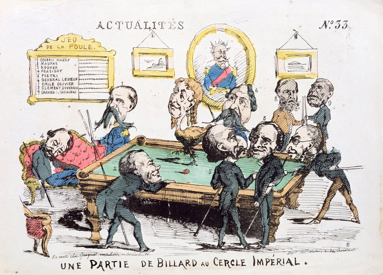 セカンドエンパイア社会の風刺漫画「ウネパルティドゥビラードオセルクルインペリアル」、1870年「アクチュアリテス」第33号 作： フランス語学校