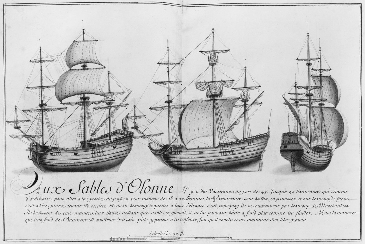 ベッセル、サブルドロンヌ、「ナントからバイヨンヌまでのさまざまな船のデザイン」のイラスト、1679年（紙と鉛筆） 作： フランス語学校