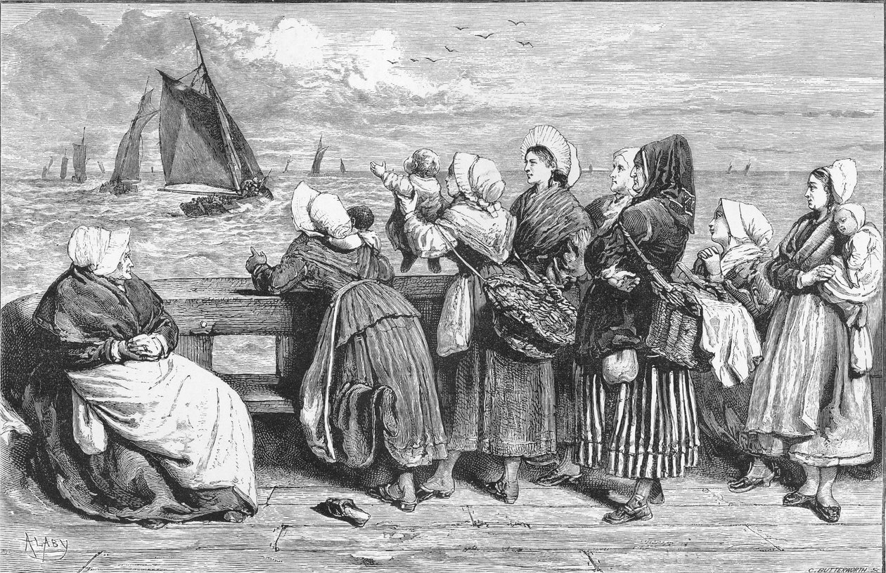 ブローニュの近くでスケッチされたボートを待って、「イラストレイテッドロンドンニュース」（1868年）に掲載 作： フランス語学校