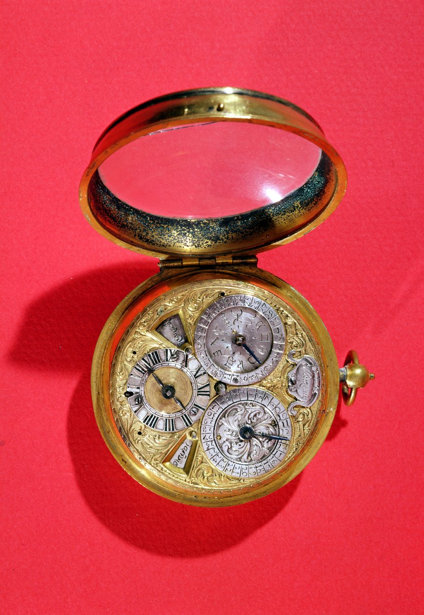 カレンダー時計、1690年頃（金メッキ真鍮） 作： フランス語学校