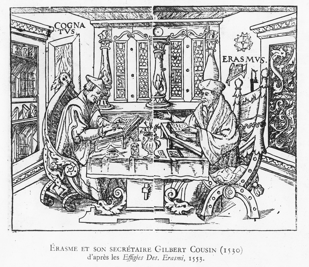 エラスムスとその秘書ギルバート・クーサン（木版画 作： フランス語学校