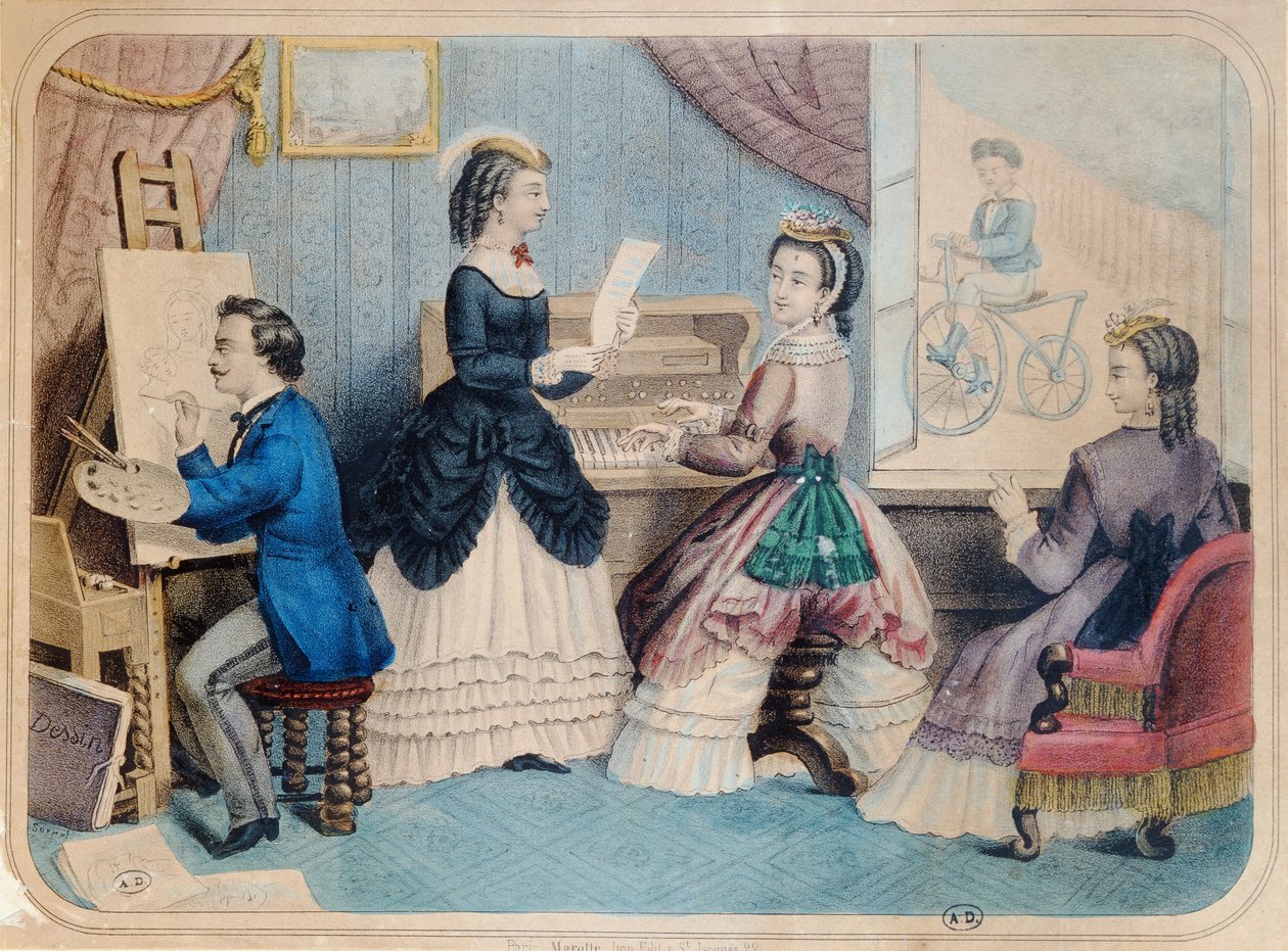 1867年の芸術活動を描いたフランスのファッションプレート 作： フランス語学校